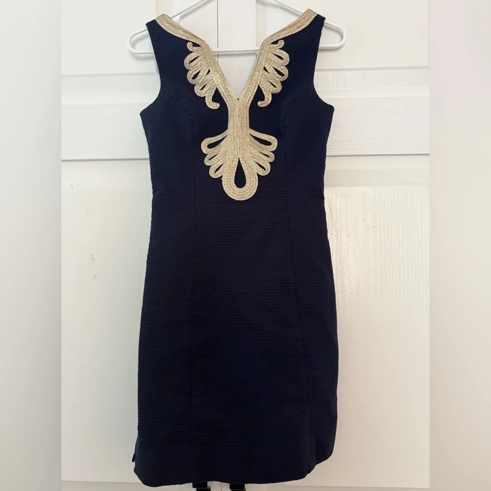 Lilly Pulitzer Janice Shift Dress Navy Blue Gold Women’s Size 0 Vacation - Picture 2 of 8